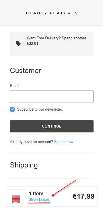 Mobile checkout collapsed view