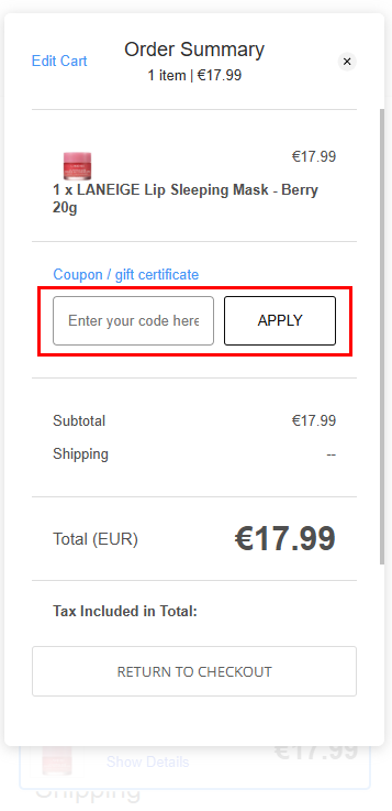 Mobile checkout expanded view with coupon field